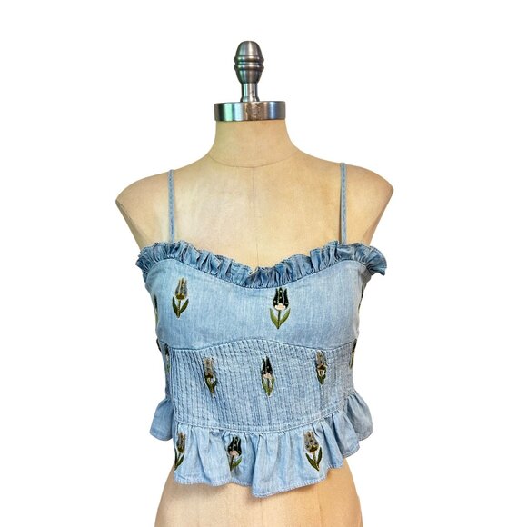 Lug Von Siga Women Blue Monica Tulip-Embroidered Ruffled Top Size 40 US 6 $353 - Picture 1 of 5